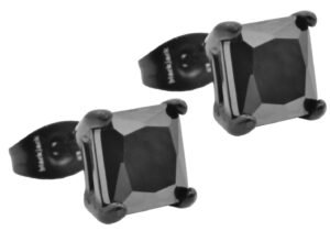 7mm Black Cubic Zirconia Black Stainless Steel Square Stud Earrings