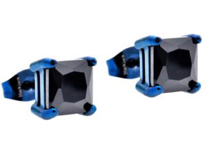 7mm Black Cubic Zirconia Blue Stainless Steel Square Stud Earrings