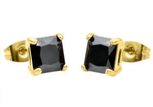 7mm Gold Plated Black Cubic Zirconia Gold Stainless Steel Square Stud Earrings