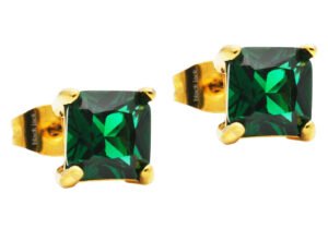 7mm Gold Plated Green Cubic Zirconia Gold Stainless Steel Square Stud Earrings