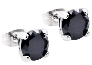 7mm Stainless Steel Earrings With Black Cubic Zirconia