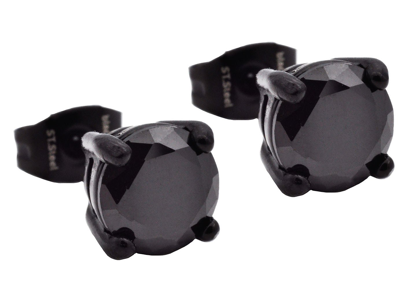 7mm Black Plated Stainless Steel Stud Earrings With Black Cubic Zirconia