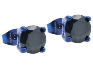 7mm Blue Plated Stainless Steel Stud Earrings With Black Cubic Zirconia
