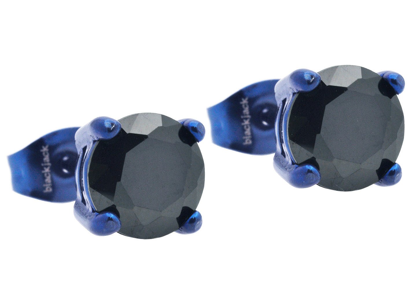 7mm Blue Plated Stainless Steel Stud Earrings With Black Cubic Zirconia