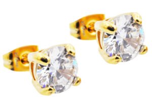 7mm Gold Stainless Steel Stud Earrings With Cubic Zirconia
