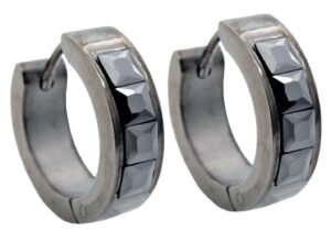 17mm Black Plated Stainless Steel Hoop Earrings With Black Cubic Zirconia