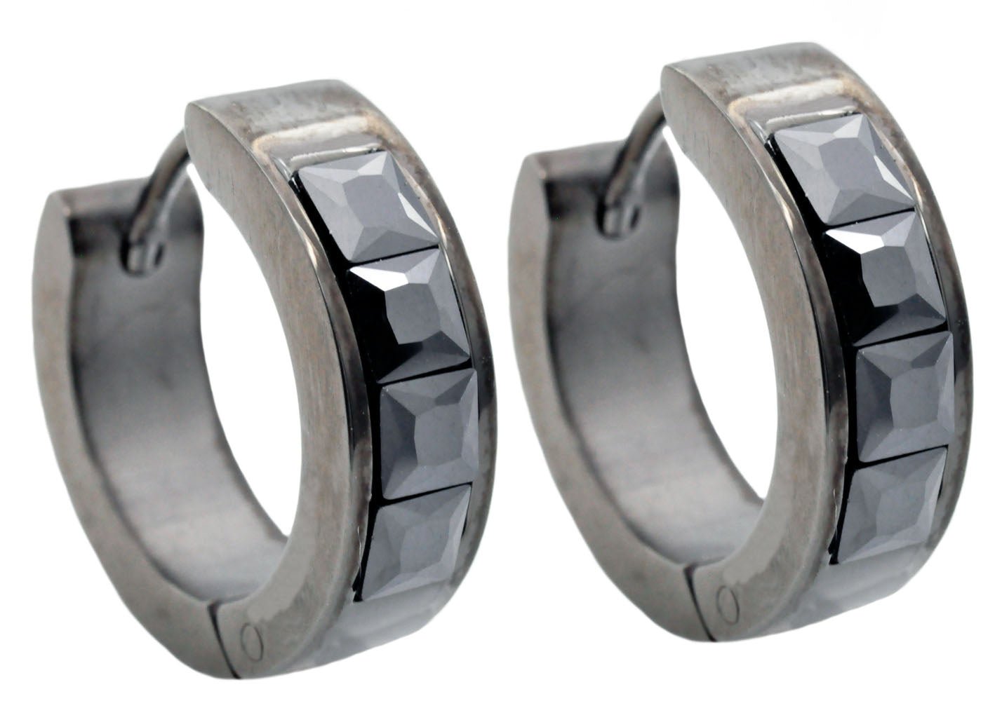 17mm Black Plated Stainless Steel Hoop Earrings With Black Cubic Zirconia
