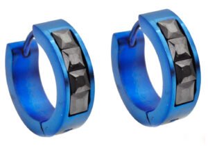 17mm Blue Plated Stainless Steel Hoop Earrings With Black Cubic Zirconia