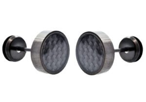 9mm Black Plated Stainless Steel Earrings With Black Carbon Fiber