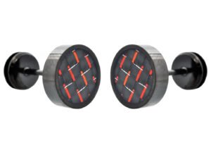 9mm Black Plated Stainless Steel Earrings With Red Carbon Fiber