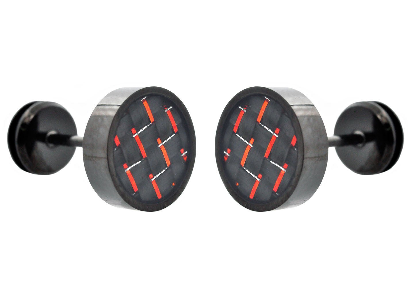 9mm Black Plated Stainless Steel Earrings With Red Carbon Fiber
