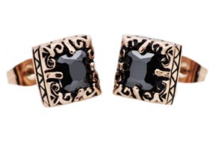 10mm Rose Stainless Steel Stud Earrings With Black Cubic Zirconia