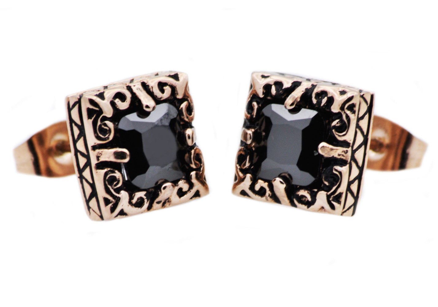 10mm Rose Stainless Steel Stud Earrings With Black Cubic Zirconia