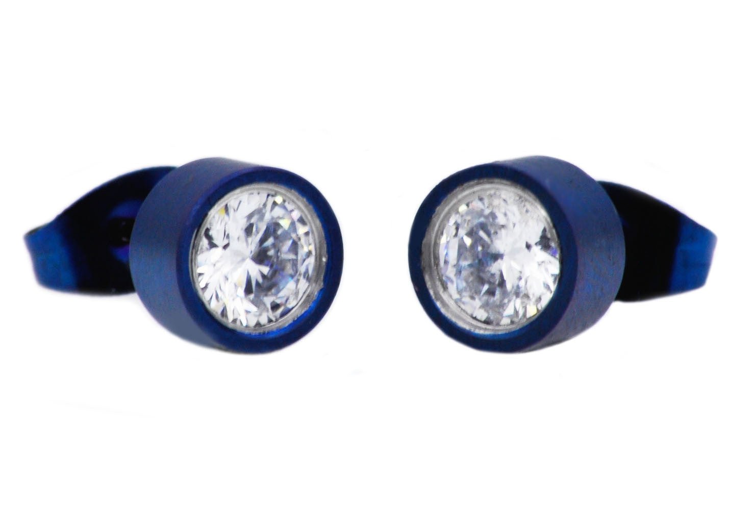 6mm Blue Plated Stainless Steel Stud Earrings With Cubic Zirconia
