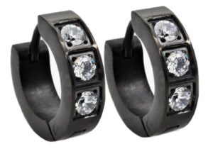 14mm Black Plated Stainless Steel Hoop Earrings With Cubic Zirconia