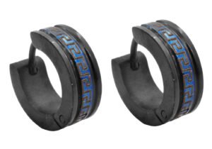 14mm Black And Blue Stainless Steel Greek Key Hoop Earrings