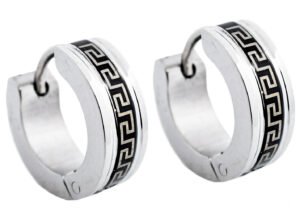 14mm Black And Stainless Steel Greek Key Hoop Earrings