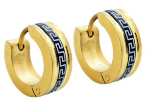 14mm Gold And Black Stainless Steel Greek Key Hoop Earrings