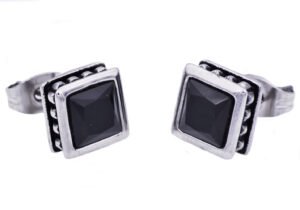 13mm Stainless Steel Stud Earrings With Black Cubic Zirconia