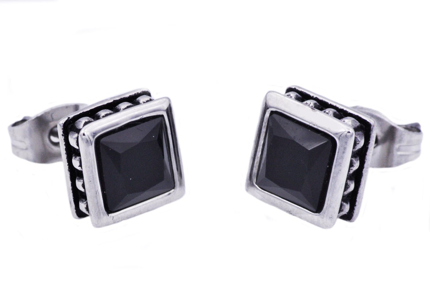 13mm Stainless Steel Stud Earrings With Black Cubic Zirconia