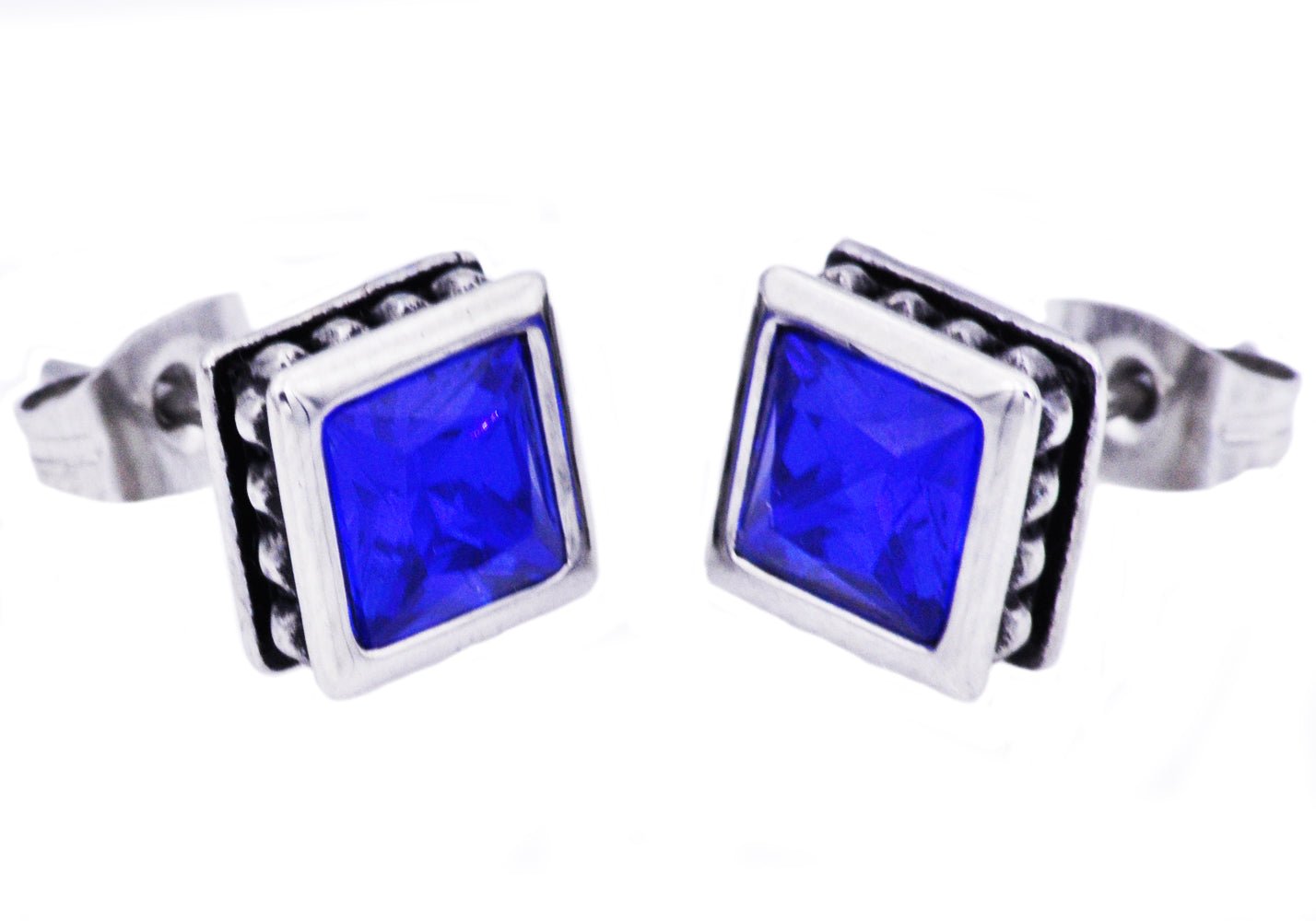 13mm Stainless Steel Stud Earrings With Blue Cubic Zirconia