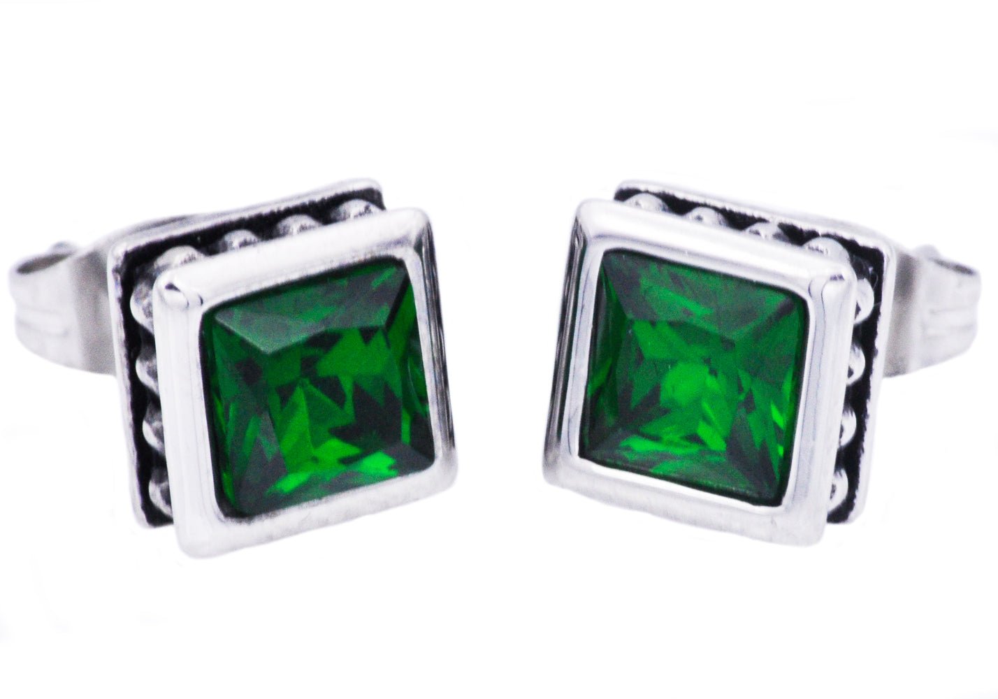 13mm Stainless Steel Stud Earrings With Green Cubic Zirconia