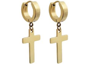 Gold Stainless Steel Hoop Cross Earrings
