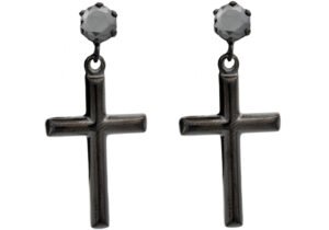 Black Stainless Steel Cross Earrings Studs With Black Cubic Zirconia
