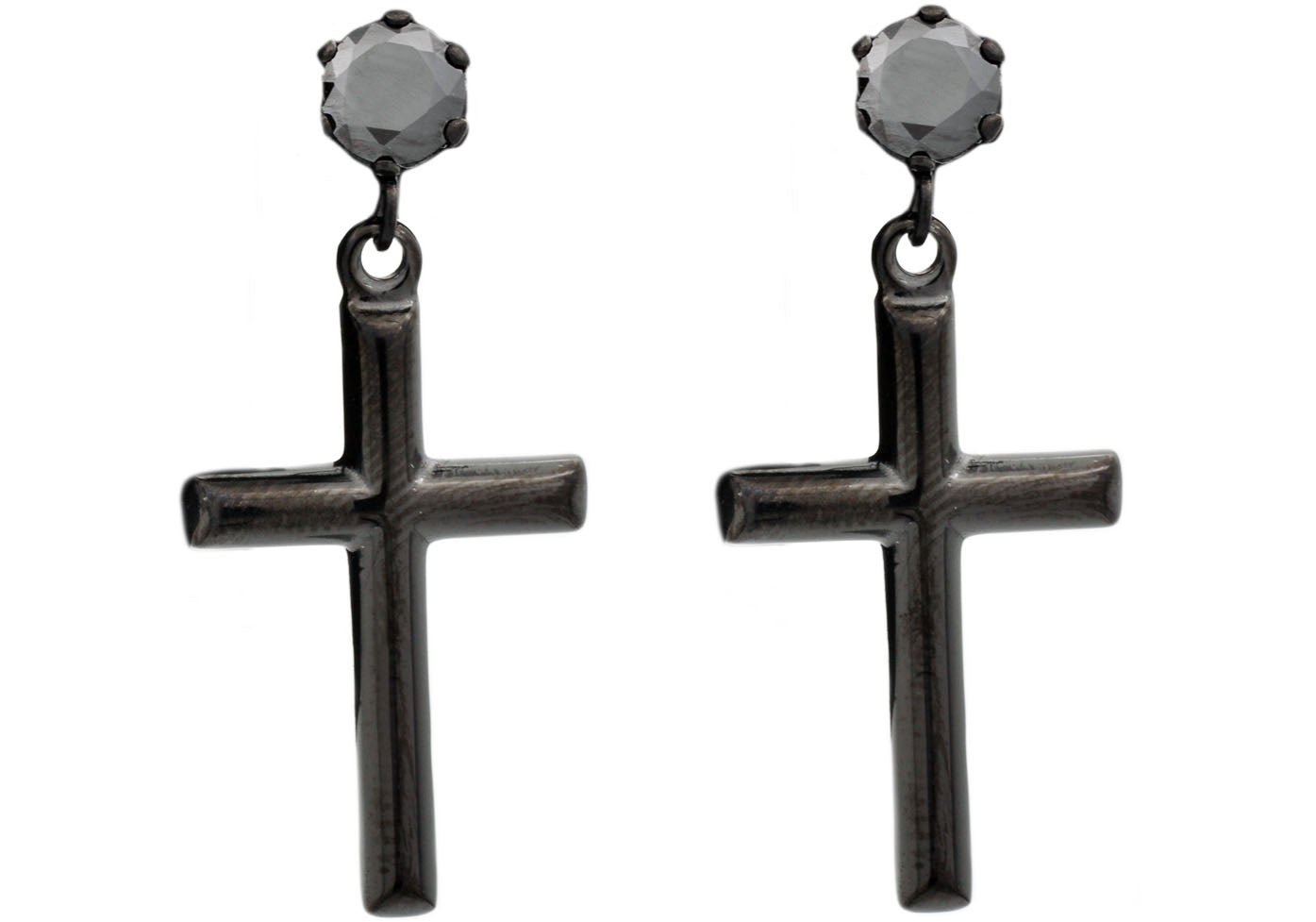 Black Stainless Steel Cross Earrings Studs With Black Cubic Zirconia