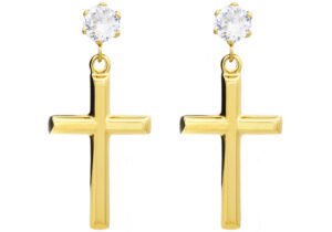 Gold Stainless Steel Cross Earrings With Cubic Zirconia