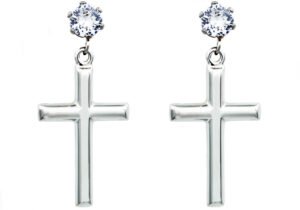 Polished Stainless Steel Cross Earrings with Cubic Zirconia