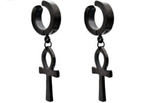 Black Stainless Steel Clip On Ankh Cross Earrings