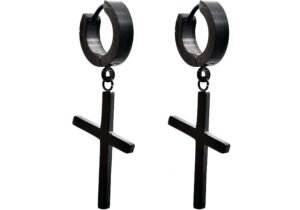 Black Stainless Steel Hoop Cross Earrings