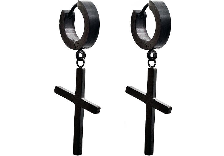 Black Stainless Steel Hoop Cross Earrings