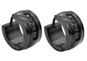 13mm Black Stainless Steel Hoop Earrings With Cubic Zirconia