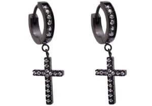 Black Plated Stainless Steel Hoop Cross Earrings With Cubic Zirconia