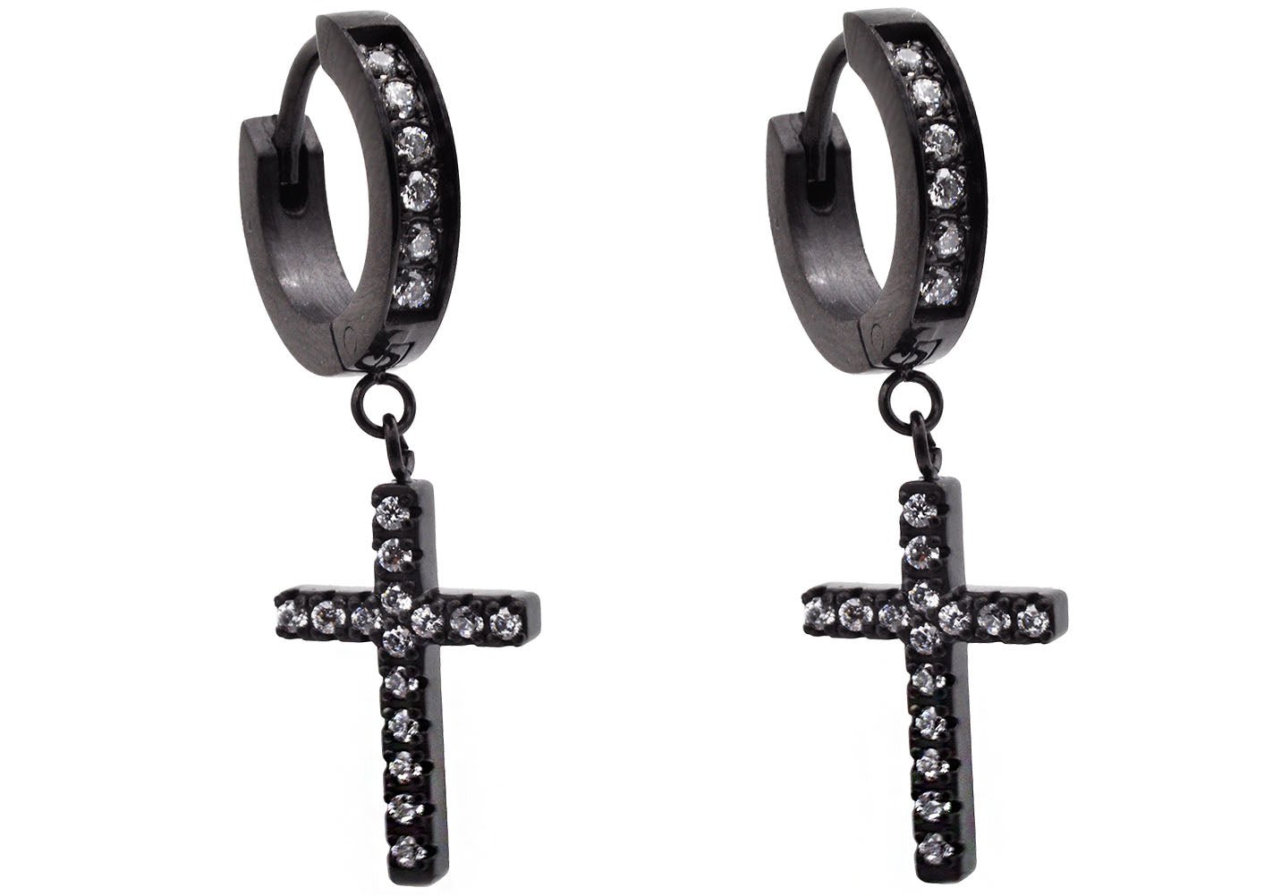 Black Plated Stainless Steel Hoop Cross Earrings With Cubic Zirconia
