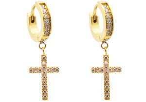 Gold Plated Stainless Steel Hoop Cross Earrings With Cubic Zirconia