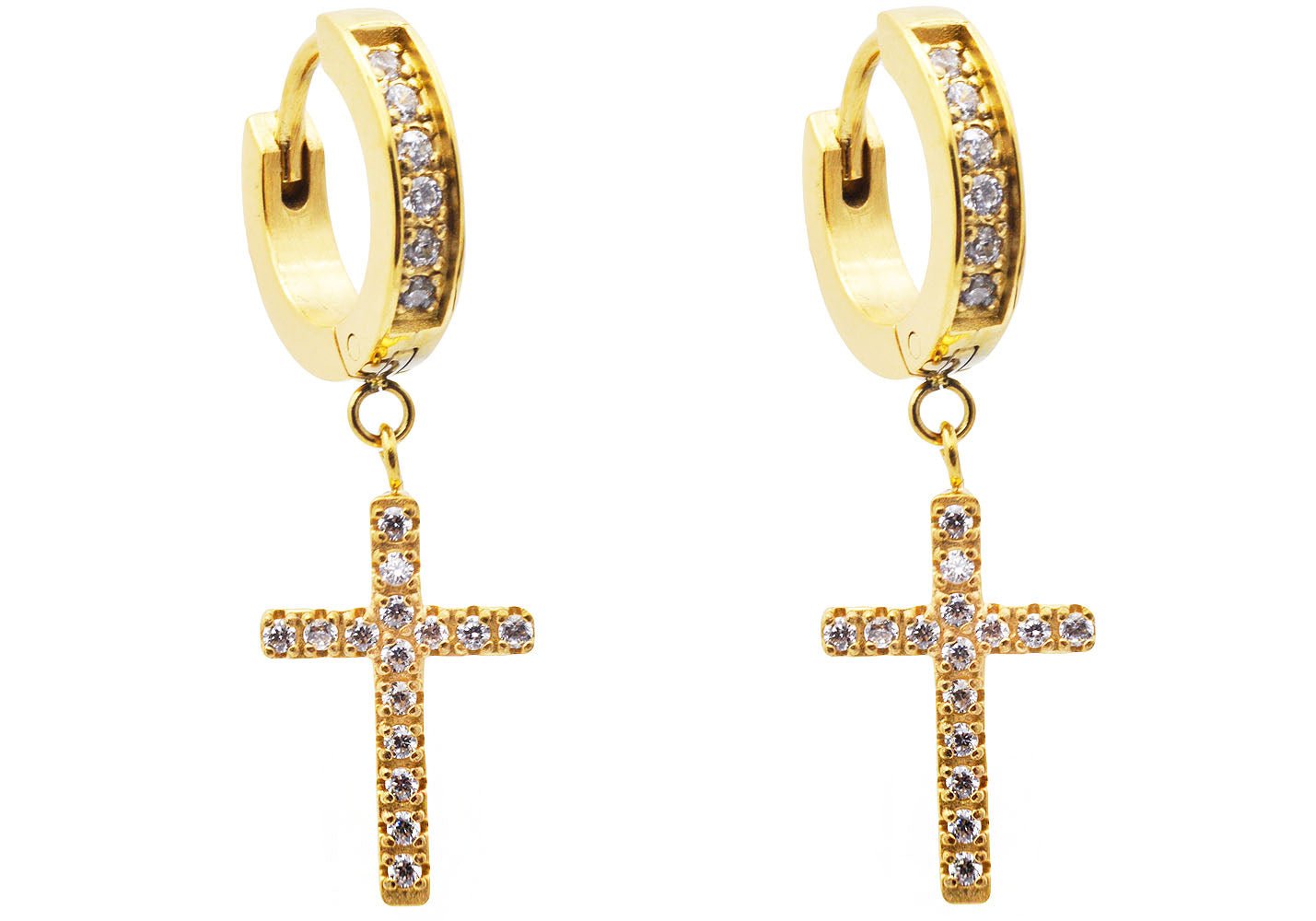 Gold Plated Stainless Steel Hoop Cross Earrings With Cubic Zirconia