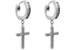 Stainless Steel Hoop Cross Earrings With Cubic Zirconia