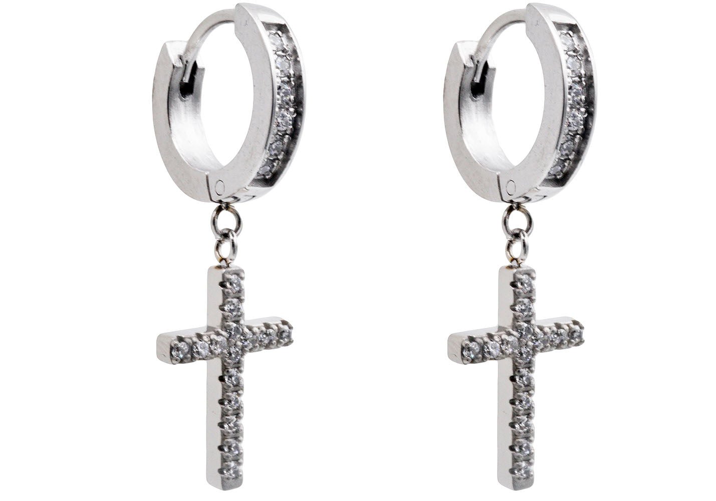 Stainless Steel Hoop Cross Earrings With Cubic Zirconia