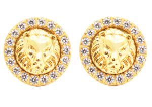 Lion's Head Gold Stainless Steel Earrings With Cubic Zirconia