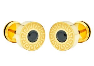 10mm Gold Plated Stainless Steel Greek Key Earrings with Black Cubic Zirconia