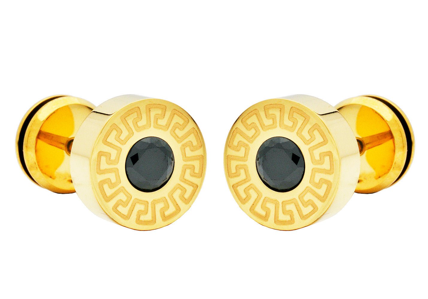 10mm Gold Plated Stainless Steel Greek Key Earrings with Black Cubic Zirconia