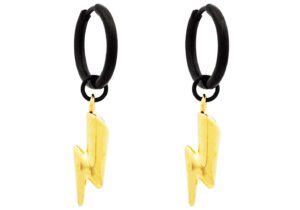 Two-Toned Gold and Black Stainless Steel Hoop Earrings With Thunder Bolts