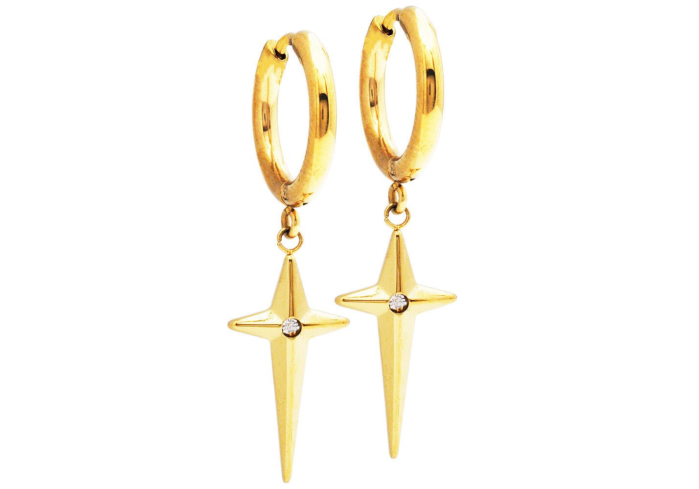Gold Plated Stainless Steel Hoop Earrings With Hanging Cross and a Cubic Zirconia