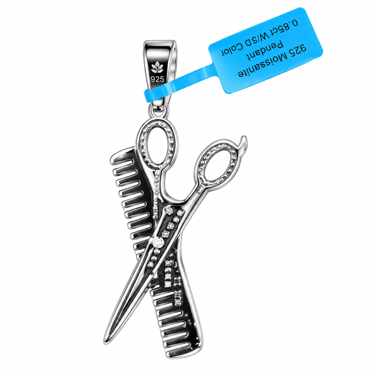 Silver moissanite, barber scissor and comb pendant - Image 2
