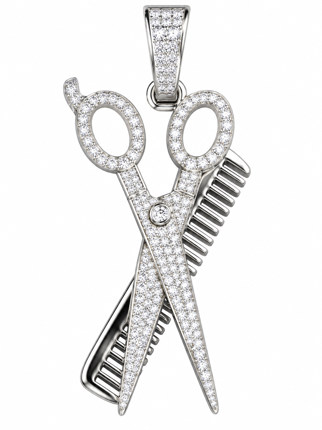 Silver moissanite, barber scissor and comb pendant
