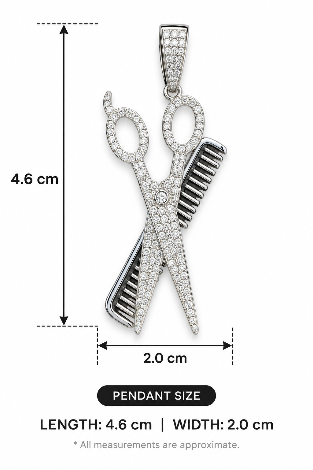 Silver moissanite, barber scissor and comb pendant - Image 3