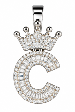 Mossinite Silver Iced Out Crown Initial Pendant - Letter C